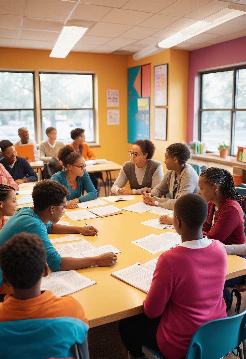 A diverse group of people gathered in a supportive classroom setting, engaged in an educational workshop about cancer treatment. Include a mix of ages, ethnicities and backgrounds, with visual elements symbolizing hope, such as books, lightbulbs, and medical icons. The atmosphere should feel warm and inviting, conveying a sense of community and empowerment. super-realistic. vibrant colors. soft focus.
